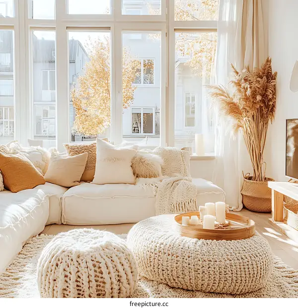 Cozy Modern Beige Living Room with Large Windows