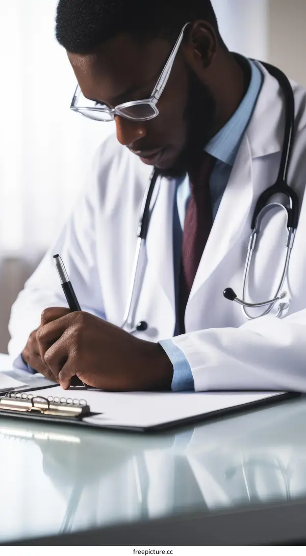Focused african american doctor writing medical prescription to patient