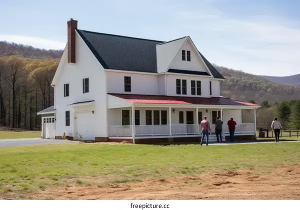 A group of people standing in front of a newly built house