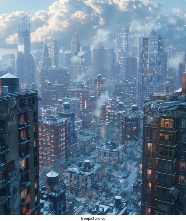 Snowy Winter Cityscape with Buildings and Trees