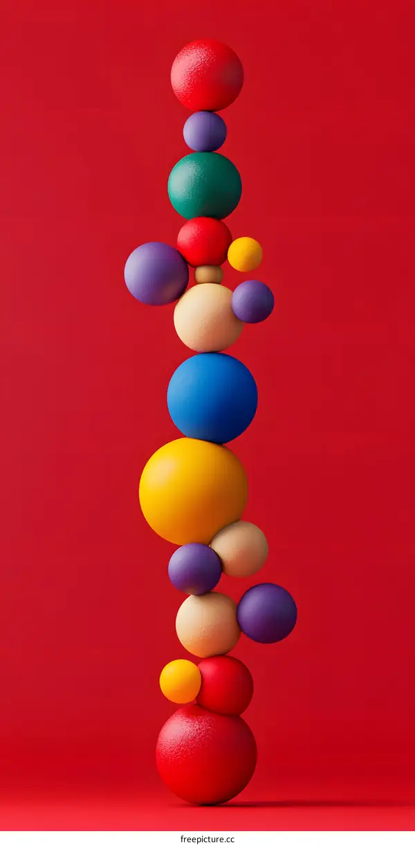 Abstract Colorful Balls Stacked Up Against a Red Background