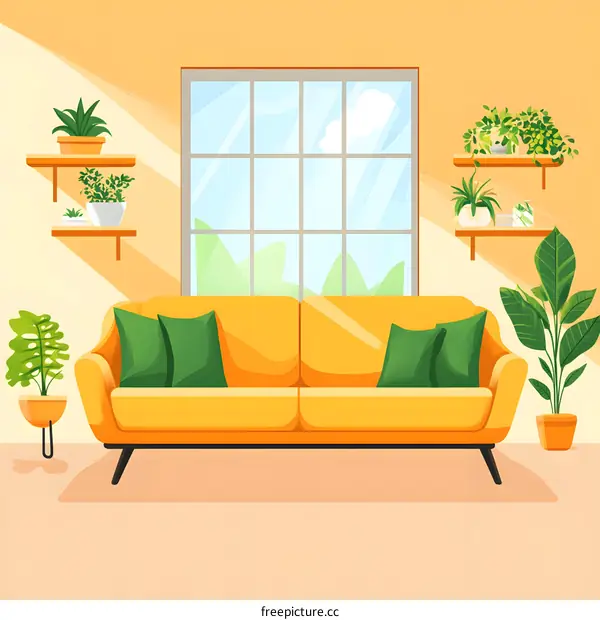 Yellow Sofa in Living Room with Plants and Window