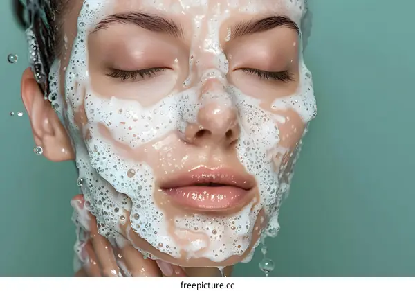 Closeup portrait of young woman washing her face with foam cleanser