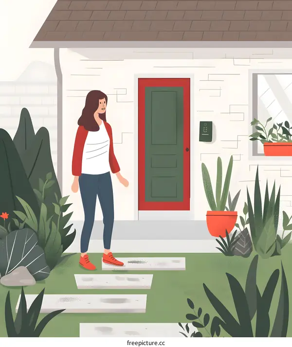 Woman Walking Toward Home Illustration