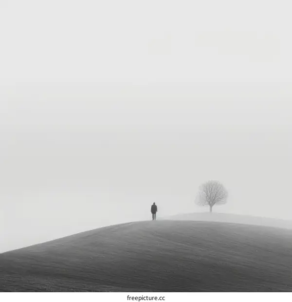 Man walking alone in a foggy field