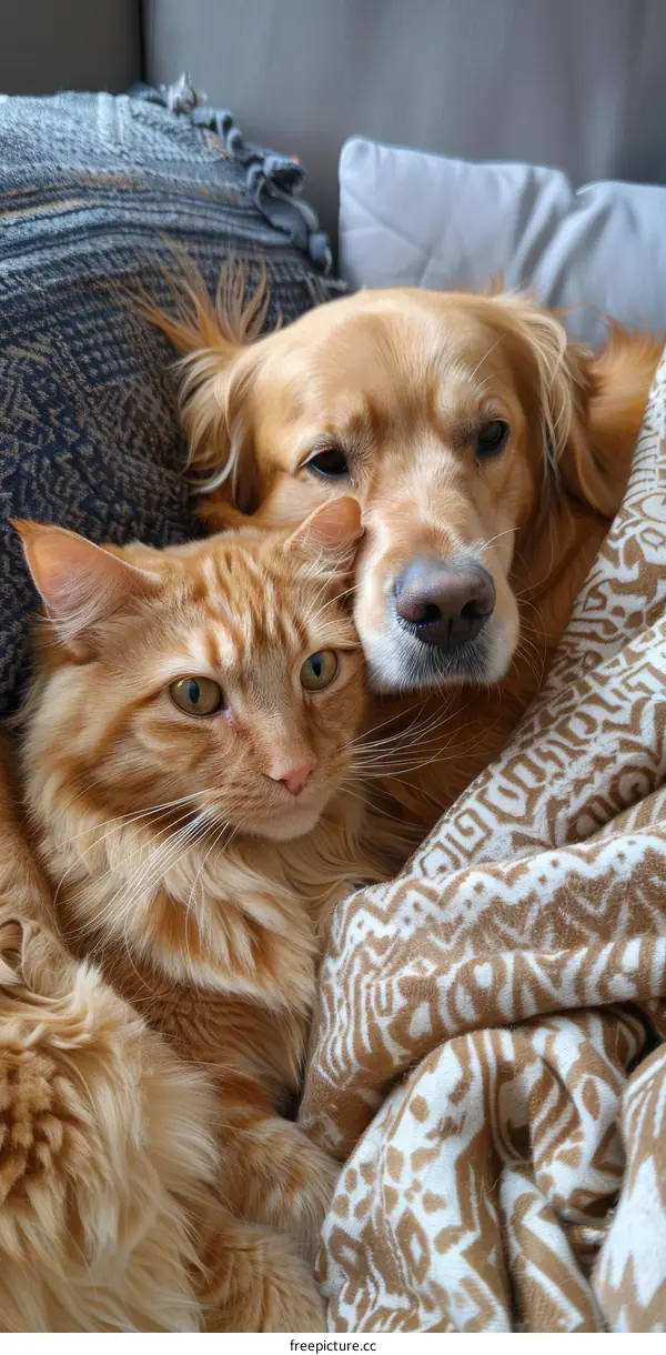 Orange cat and golden retriever dog lying together on a couch