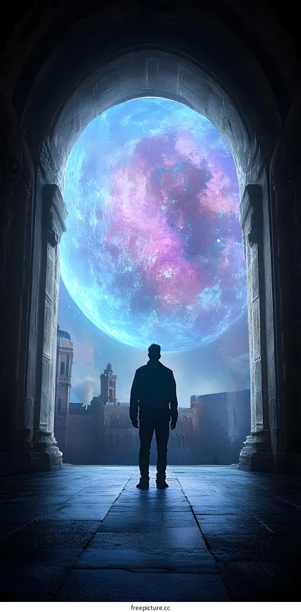 Silhouette of a Man Looking at a Giant Moon in an Archway