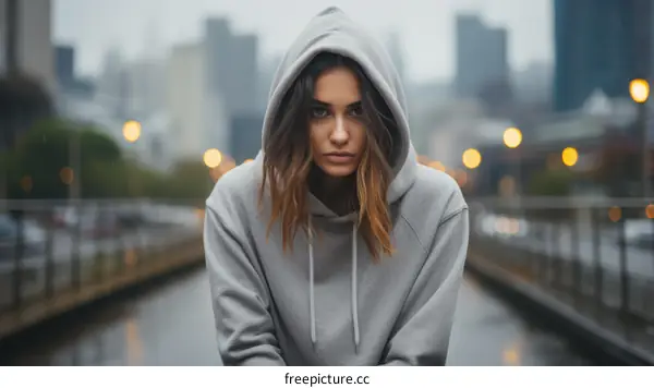 Portrait of a young woman in a gray hoodie looking at the camera with a serious expression