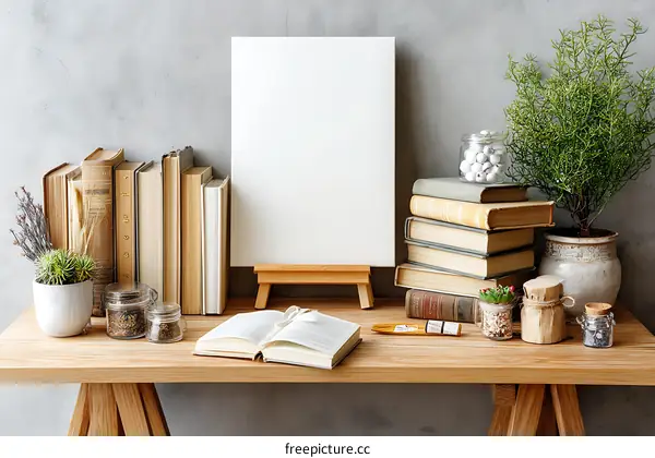 Cozy Workspace with Books and Plants