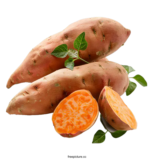 [Transparent Background PNG]Sweet potatoes with leaves on white background