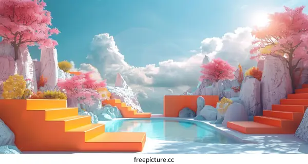 Surreal Landscape with Pink Trees and Blue Water Pool