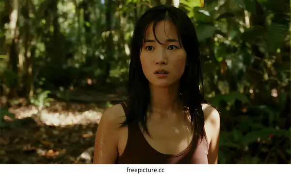 Young Asian Woman Standing in Dense Rainforest Looking Around