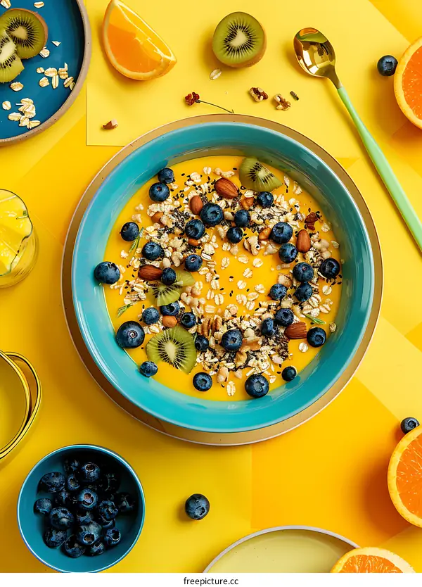 Healthy Breakfast Smoothie Bowl With Kiwi, Orange, Almond, Blueberry, and Oatmeal