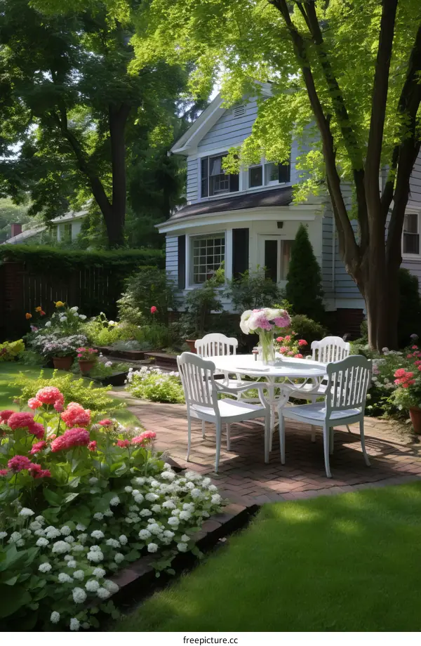 A beautiful backyard with a table and chairs surrounded by flowers