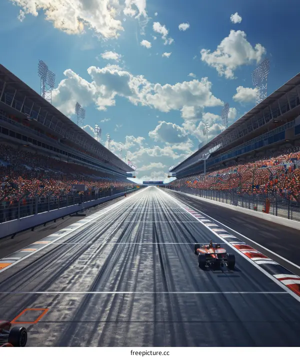 Formula One car racing down a track with grandstands full of spectators