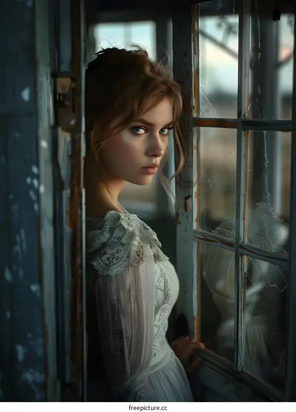 portrait of a girl in a white dress standing in a doorway