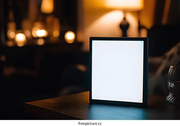 Blank White Screen Digital Frame on Wooden Table with Blurry Background