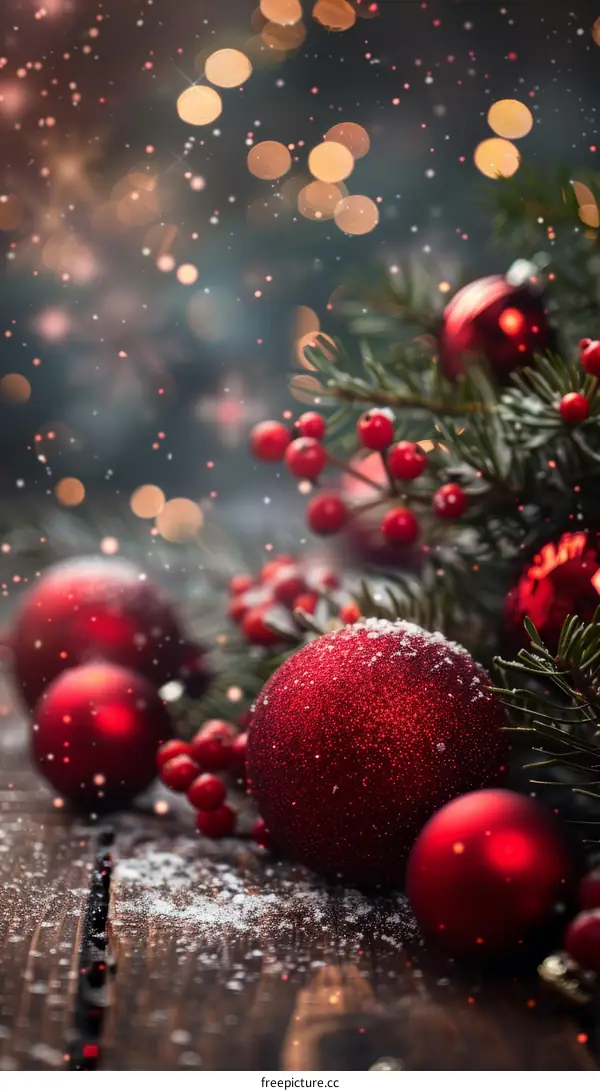 Festive Christmas Ornaments on a Rustic Wooden Table in a Snowy Setting