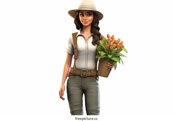 A female explorer holding a flower pot with tulips