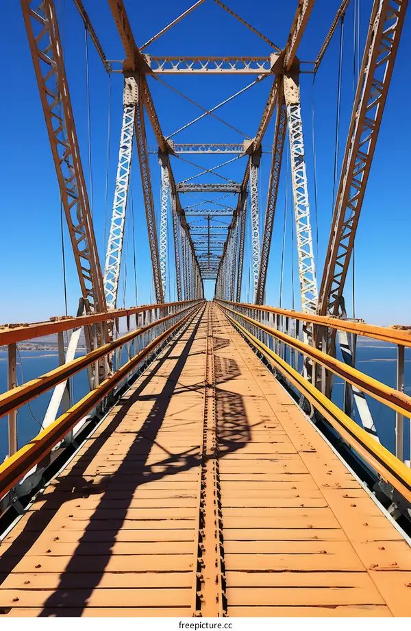 rusty metal bridge with wooden walkway over water