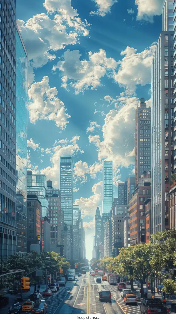 City Street with Skyscrapers and Sunny Sky