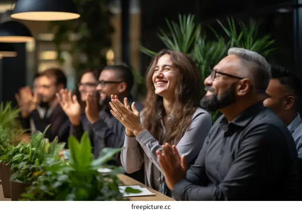 Diverse business team applauding at presentation in modern office