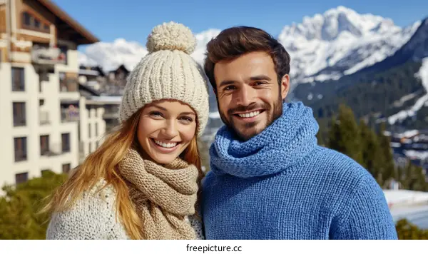 Couple Posing in Front of Snowy Mountain Scenery