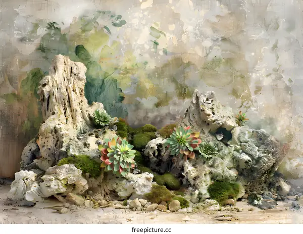 Succulents Growing on Rocks with Grunge Background