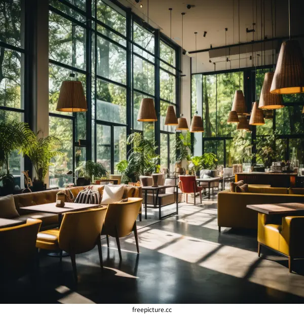 The interior of a modern restaurant with large windows and lots of plants