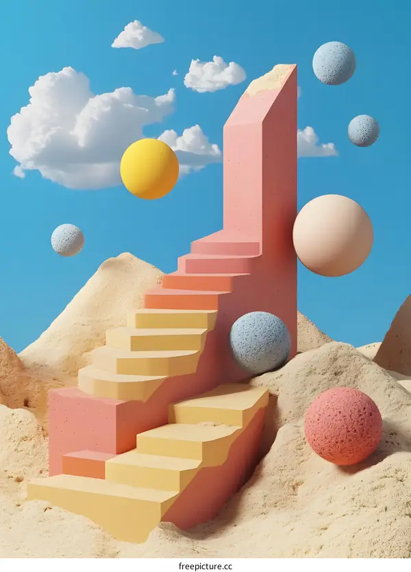 Abstract Stairs in 3D Surreal Landscape with Floating Colorful Spheres