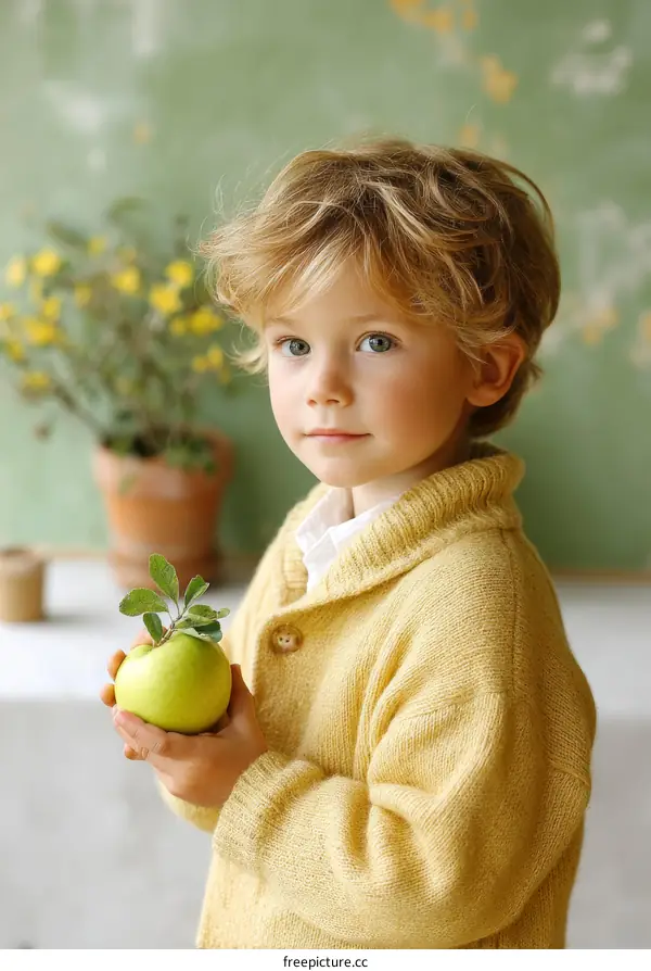 Cute Little Boy Holding an Apple