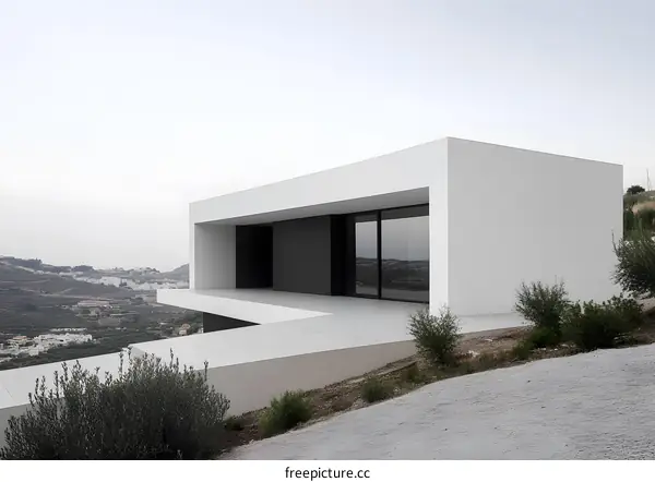 Modern White House with Large Windows Overlooking Scenic Hillside