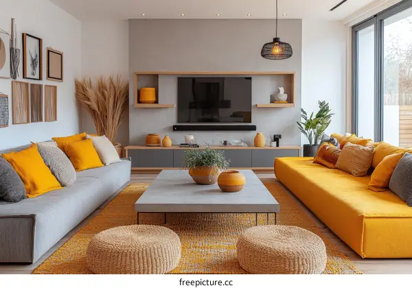 Modern Living Room Interior Design with Mustard Yellow Accents