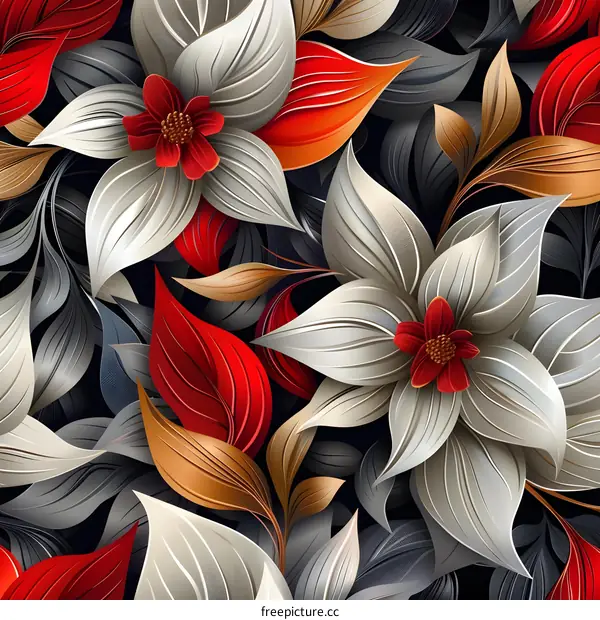 Red and white flowers on black background forming seamless pattern