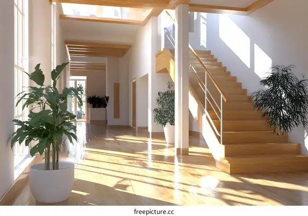 Modern Minimalist Staircase Design With Wooden Steps and Glass Railings