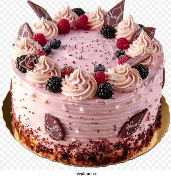 Pink frosted cake with berries and chocolate decorations on a golden plate