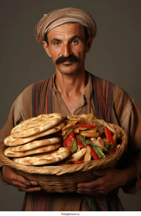 Uyghur man holding a basket of naan and vegetables
