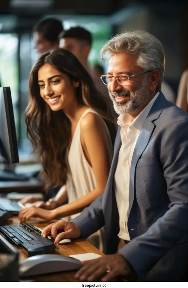 Smiling multiethnic business colleagues working together on desktop computers in a modern office