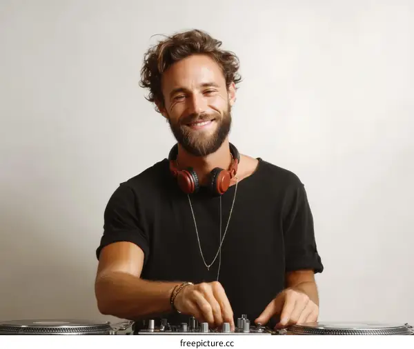 Young Man Playing Music with DJ Equipment in Studio
