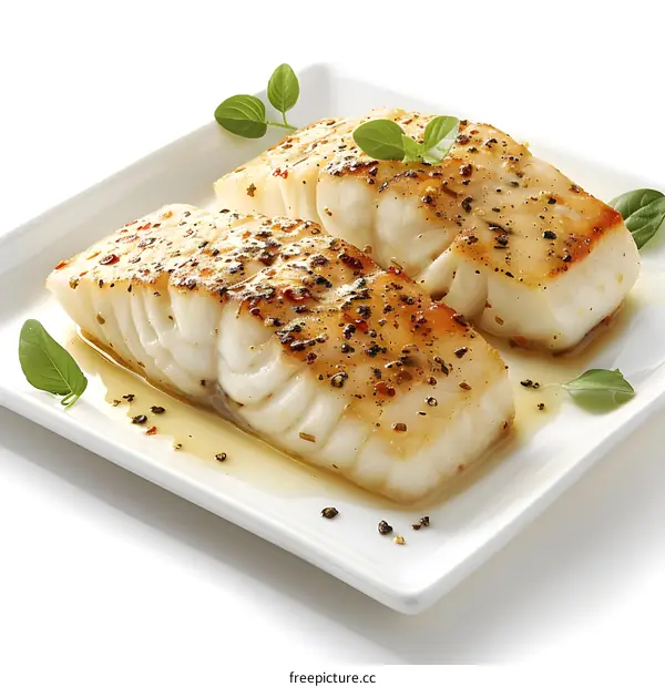 Two pieces of fish fillet with herbs on a white plate