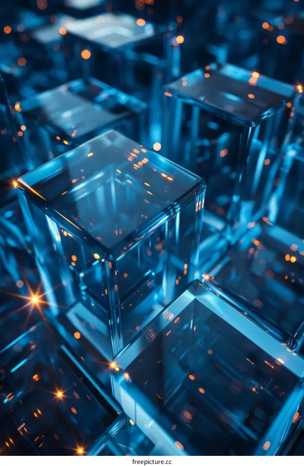 Abstract 3D rendering of glowing blue glass cubes.