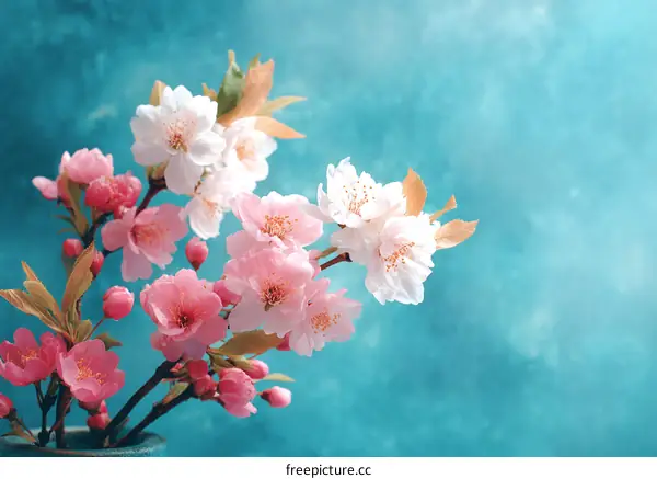 Beautiful Spring Cherry Blossoms in Teal Background