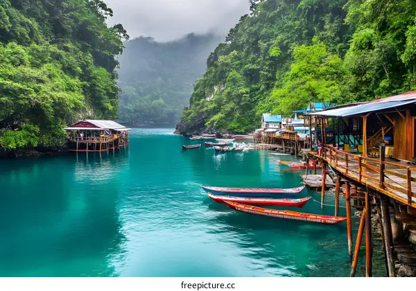 Wooden Houses on Stilts in a Tropical Lagoon