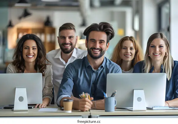 portrait of a group of business people in a modern office