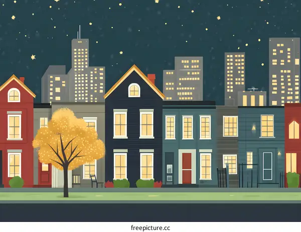 Night Cityscape with Stars and Tree