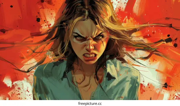 Angry Woman with Long Hair and Red Background