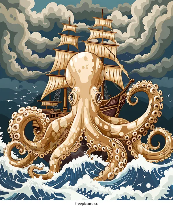 Giant Octopus Attacking Sailing Ship