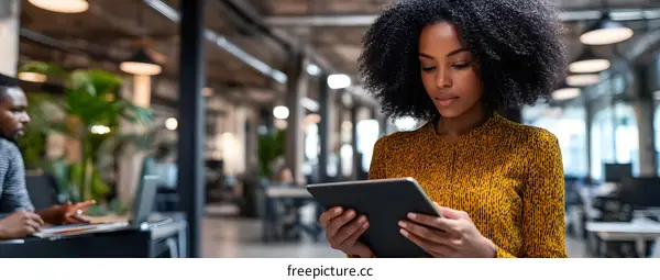 African American Woman Working on Tablet in Modern Office