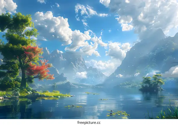 Misty mountains and lake