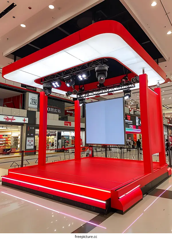 Red Stage with Lighting and a Large Screen for a Presentation or Event